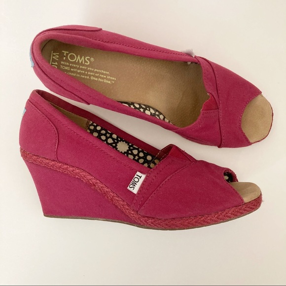 TOMS Peep Toe Wedge Canvas Slip On Shoes - Picture 2 of 8